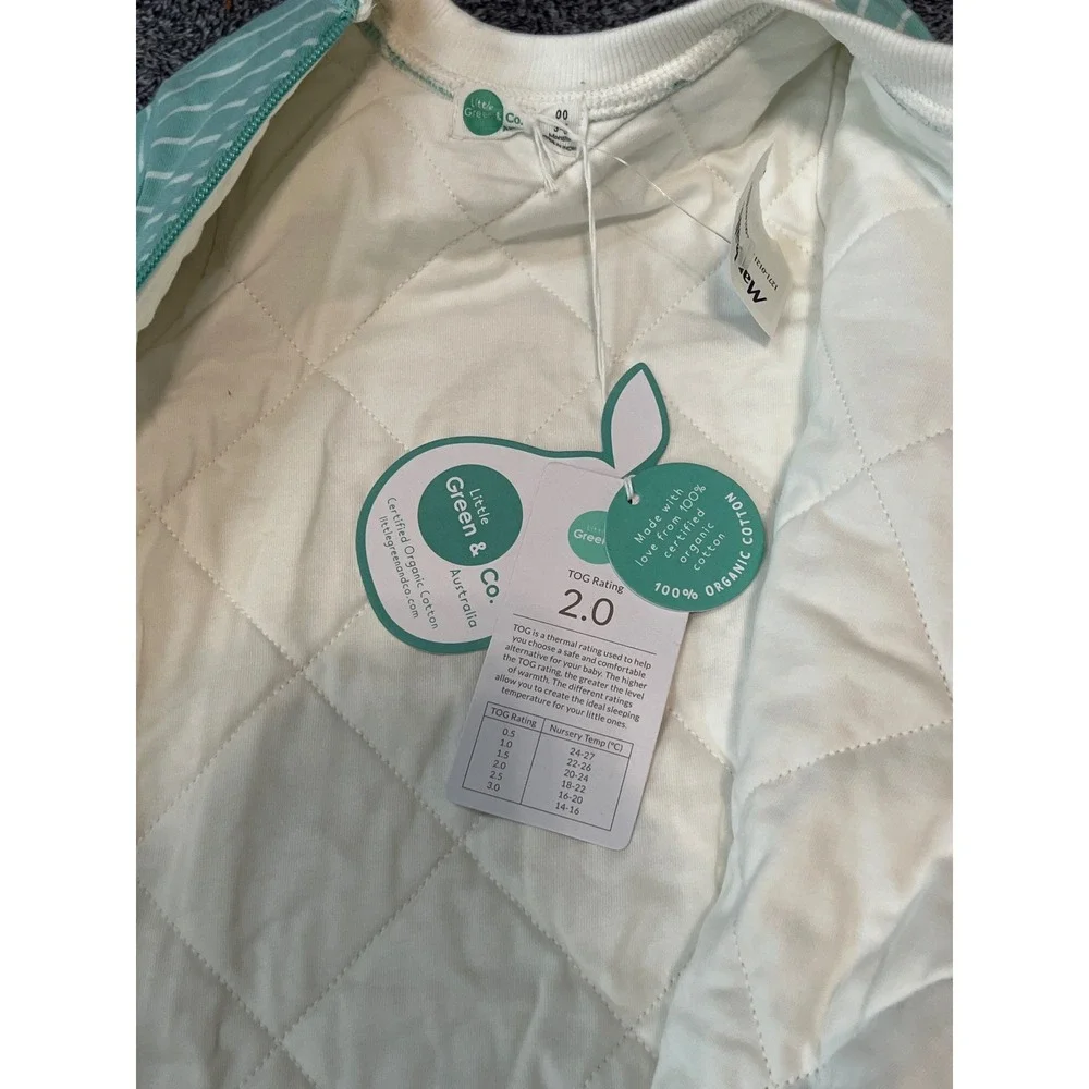LittleGreen & Co. Baby Teal Striped Organic Cotton Padded Sleepsuit 2.0 TOG 3-6M